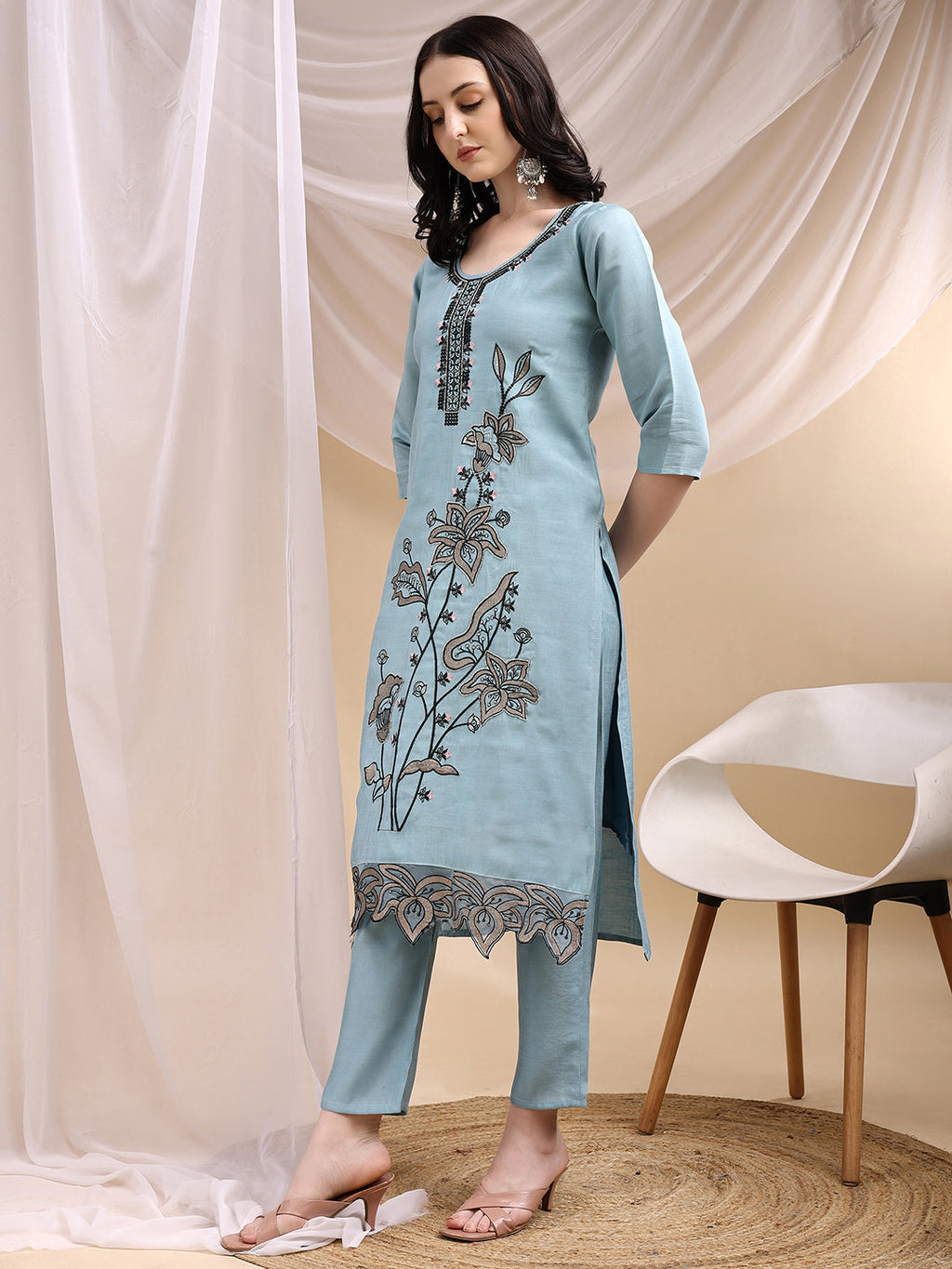 Embroidered Kurta With Pant & Embroidered Dupatta, Aqua-Blue - Hiral Fashion | Grocsy