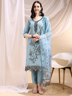 Embroidered Kurta With Pant & Embroidered Dupatta, Aqua-Blue - Hiral Fashion | Grocsy