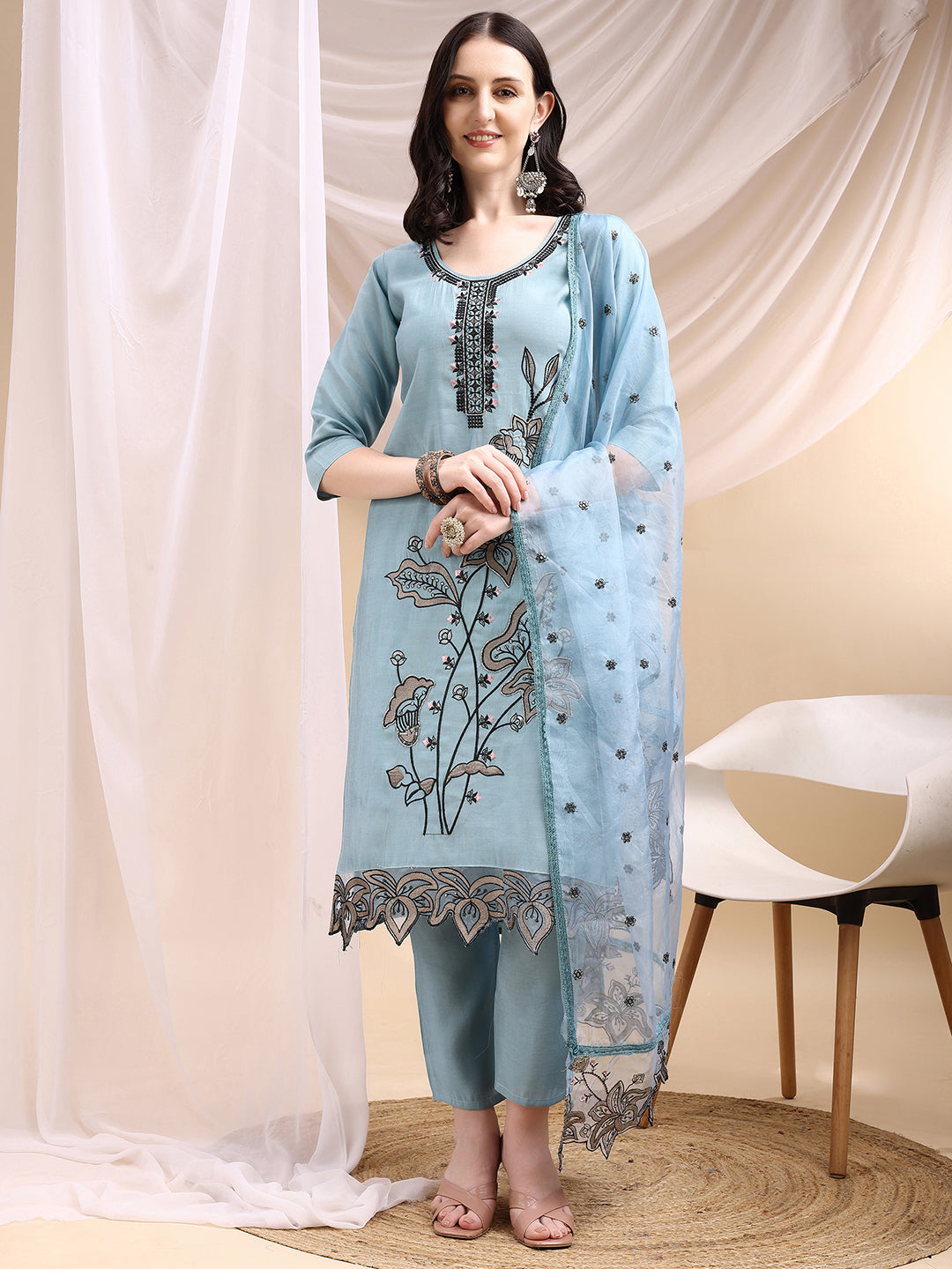 Embroidered Kurta With Pant & Embroidered Dupatta, Aqua-Blue - Hiral Fashion | Grocsy