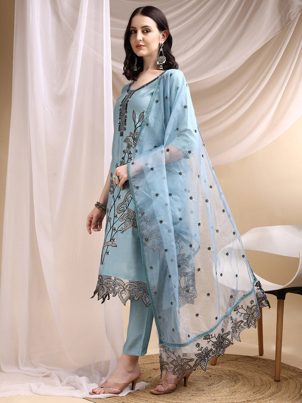 Embroidered Kurta With Pant & Embroidered Dupatta, Aqua-Blue - Hiral Fashion | Grocsy
