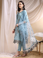 Embroidered Kurta With Pant & Embroidered Dupatta, Aqua-Blue - Hiral Fashion | Grocsy