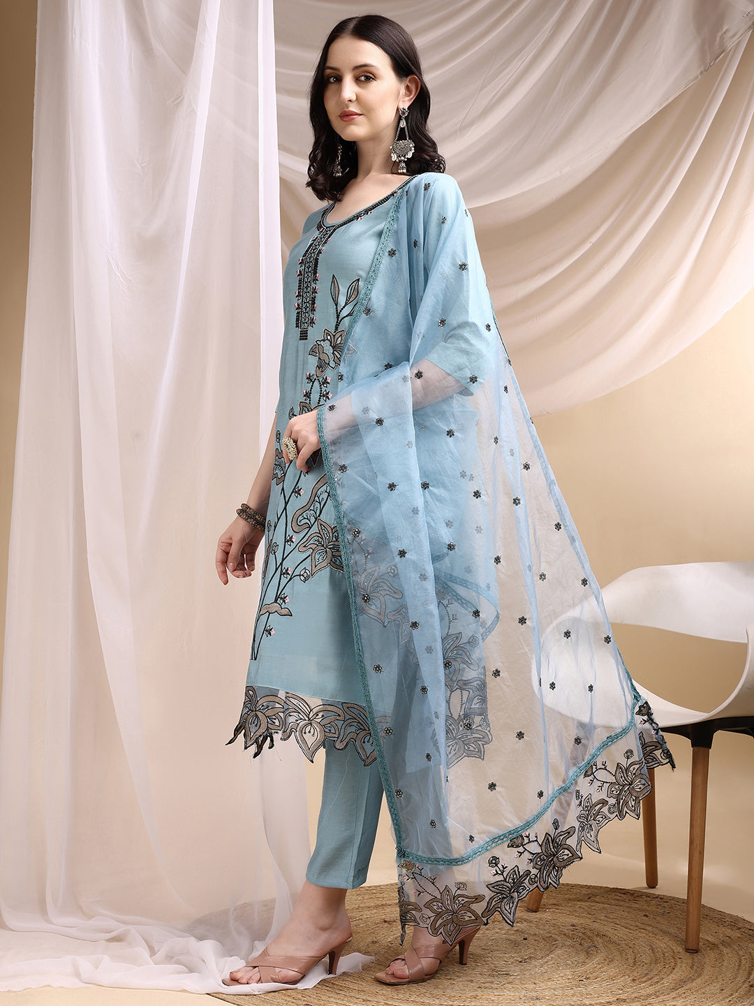Embroidered Kurta With Pant & Embroidered Dupatta, Aqua-Blue - Hiral Fashion | Grocsy