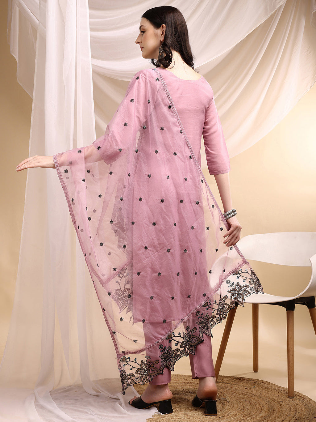 Embroidered Kurta With Pant & Embroidered Dupatta, Pink - Hiral Fashion | Grocsy