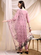 Embroidered Kurta With Pant & Embroidered Dupatta, Pink - Hiral Fashion | Grocsy