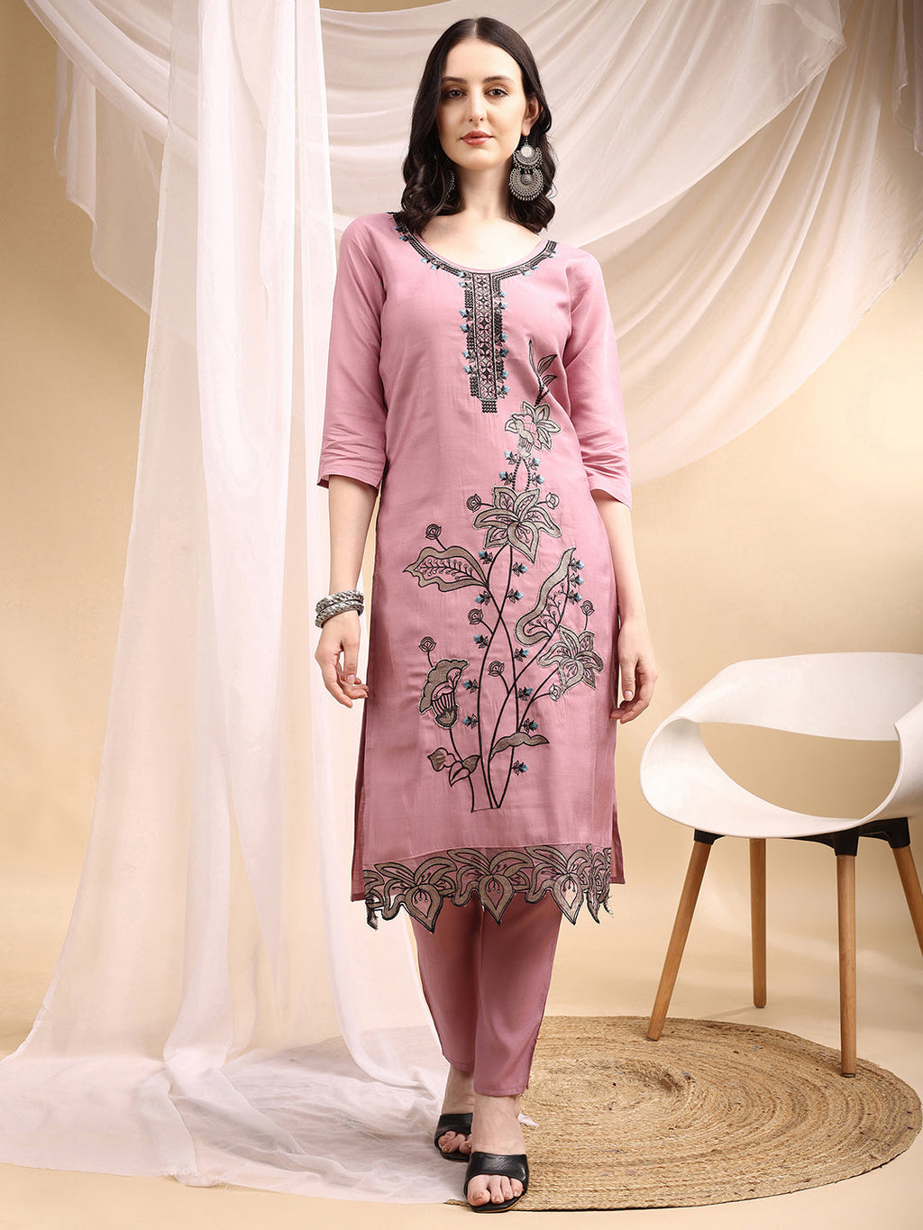 Embroidered Kurta With Pant & Embroidered Dupatta, Pink - Hiral Fashion | Grocsy