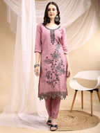 Embroidered Kurta With Pant & Embroidered Dupatta, Pink - Hiral Fashion | Grocsy