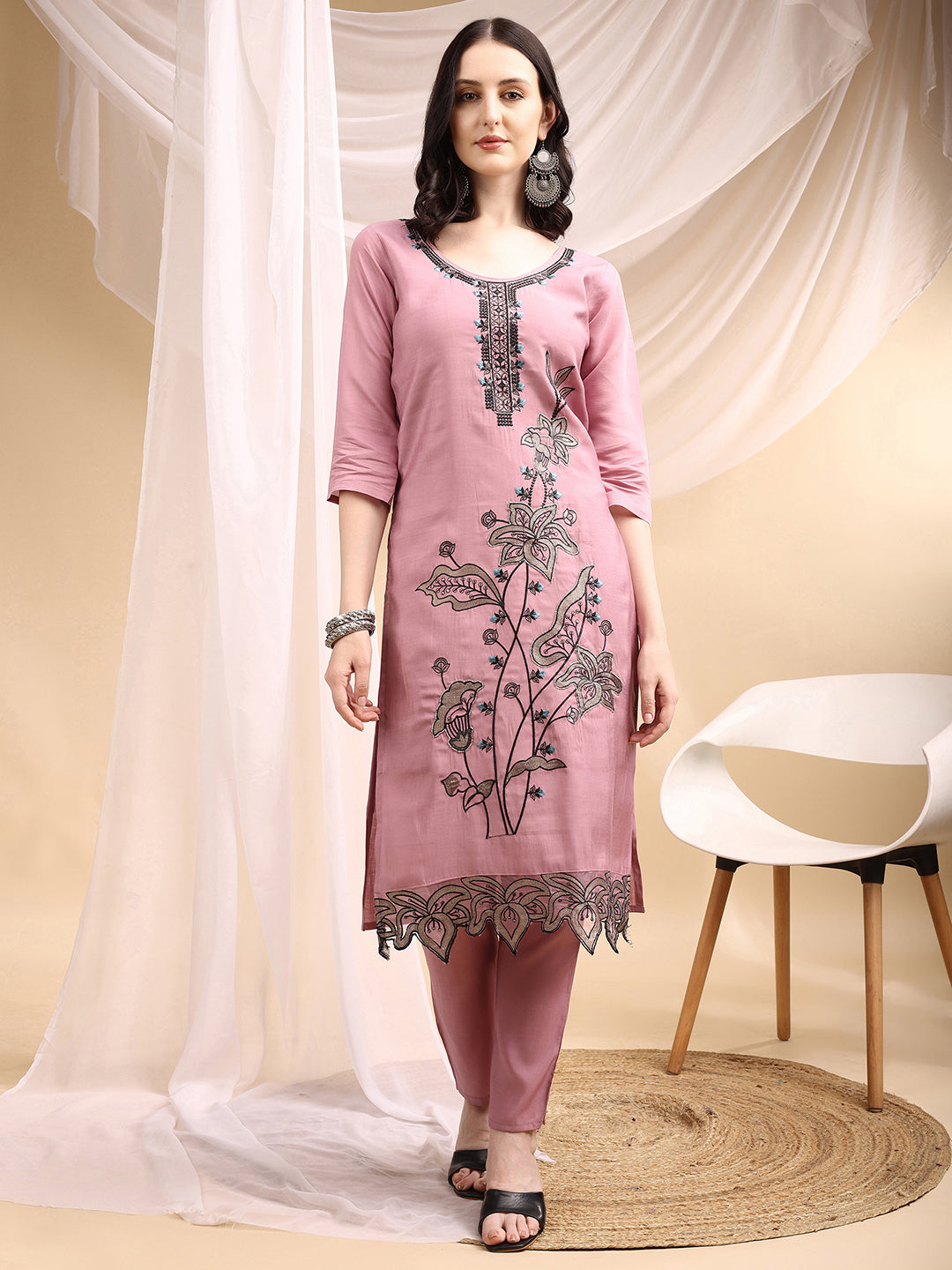 Embroidered Kurta With Pant & Embroidered Dupatta, Pink - Hiral Fashion | Grocsy