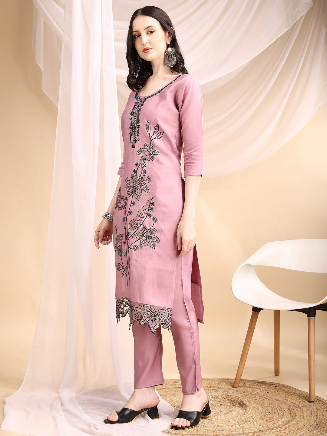 Embroidered Kurta With Pant & Embroidered Dupatta, Pink - Hiral Fashion | Grocsy