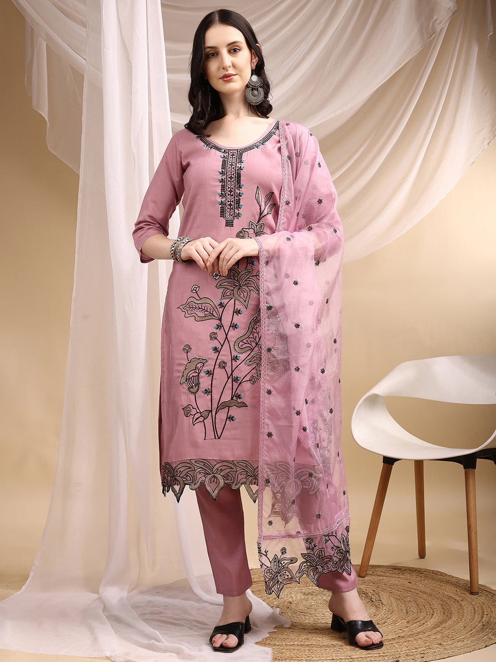 Embroidered Kurta With Pant & Embroidered Dupatta, Pink - Hiral Fashion | Grocsy