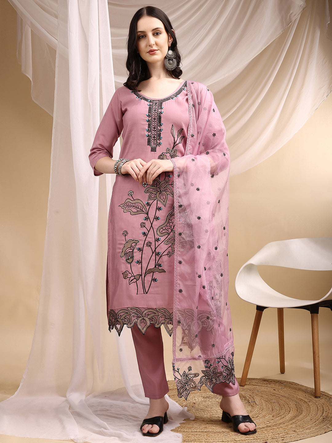 Embroidered Kurta With Pant & Embroidered Dupatta, Pink - Hiral Fashion | Grocsy