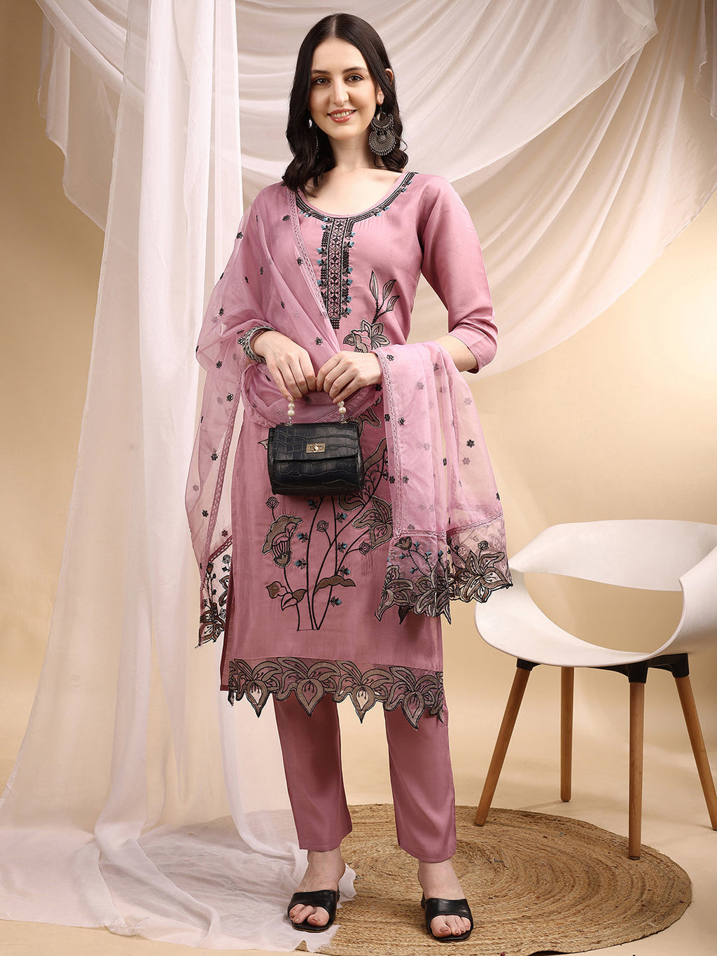 Embroidered Kurta With Pant & Embroidered Dupatta, Pink - Hiral Fashion | Grocsy