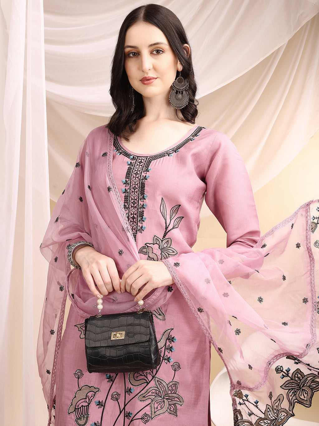 Embroidered Kurta With Pant & Embroidered Dupatta, Pink - Hiral Fashion | Grocsy
