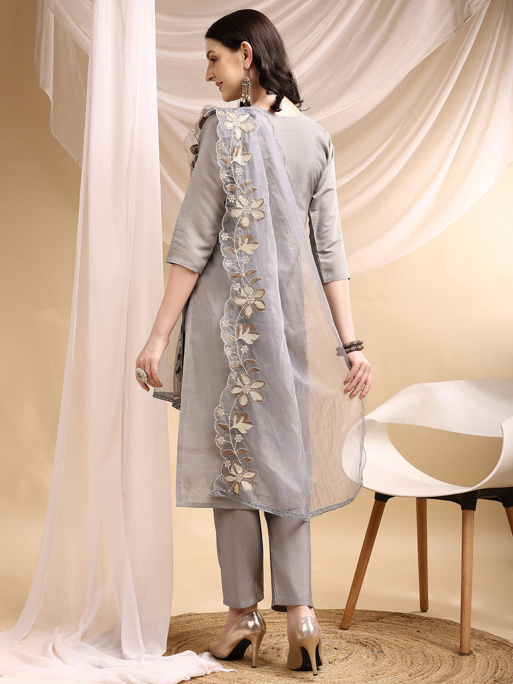 Hand & Thread Placement Embroidered Kurta With Pant & Embroidered Dupatta, Grey - Hiral Fashion | Grocsy