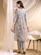 Hand & Thread Placement Embroidered Kurta With Pant & Embroidered Dupatta, Grey - Hiral Fashion | Grocsy