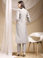Hand & Thread Placement Embroidered Kurta With Pant & Embroidered Dupatta, Grey - Hiral Fashion | Grocsy