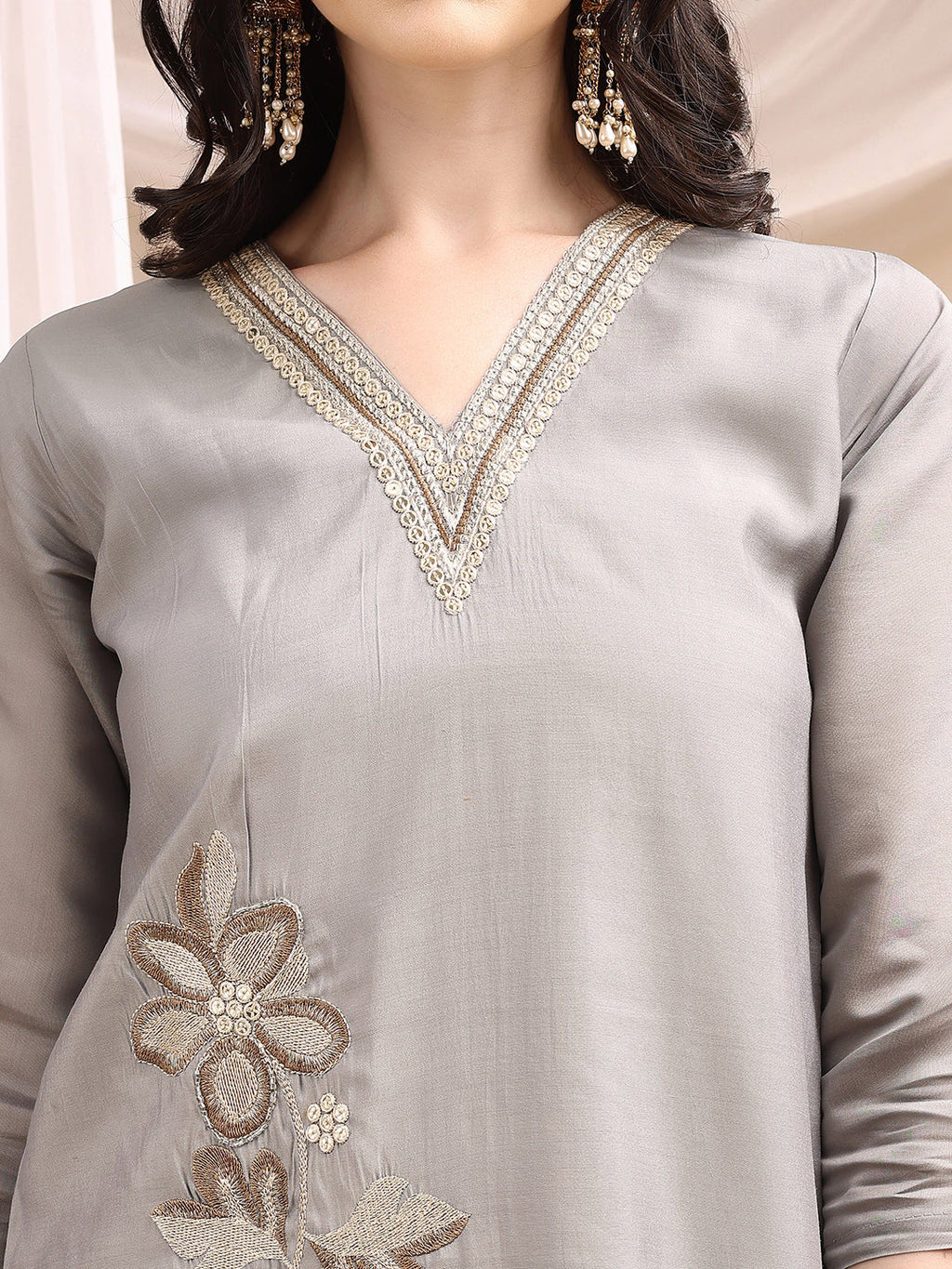 Hand & Thread Placement Embroidered Kurta With Pant & Embroidered Dupatta, Grey - Hiral Fashion | Grocsy