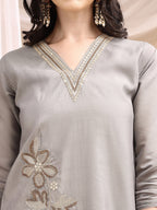 Hand & Thread Placement Embroidered Kurta With Pant & Embroidered Dupatta, Grey - Hiral Fashion | Grocsy