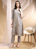 Hand & Thread Placement Embroidered Kurta With Pant & Embroidered Dupatta, Grey - Hiral Fashion | Grocsy