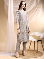 Hand & Thread Placement Embroidered Kurta With Pant & Embroidered Dupatta, Grey - Hiral Fashion | Grocsy