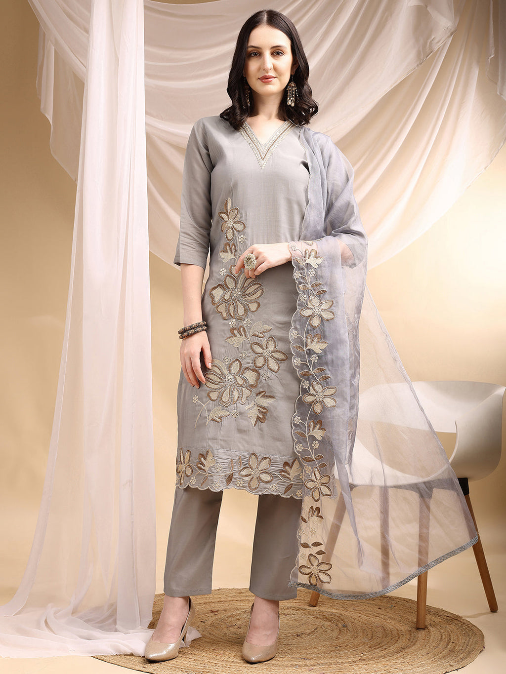 Hand & Thread Placement Embroidered Kurta With Pant & Embroidered Dupatta, Grey - Hiral Fashion | Grocsy