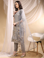 Hand & Thread Placement Embroidered Kurta With Pant & Embroidered Dupatta, Grey - Hiral Fashion | Grocsy