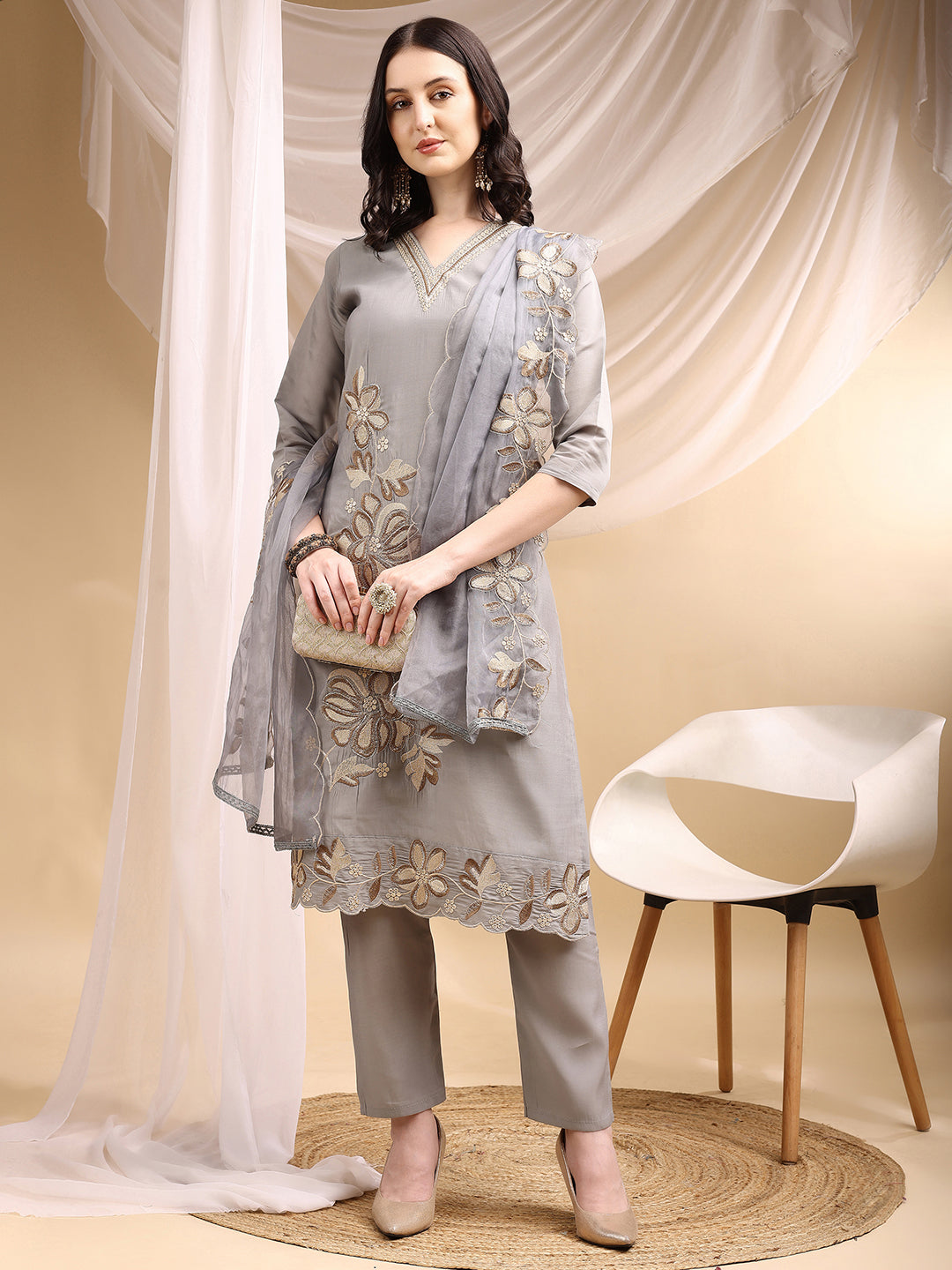 Hand & Thread Placement Embroidered Kurta With Pant & Embroidered Dupatta, Grey - Hiral Fashion | Grocsy