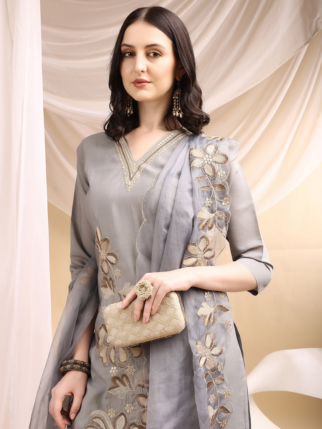 Hand & Thread Placement Embroidered Kurta With Pant & Embroidered Dupatta, Grey - Hiral Fashion | Grocsy