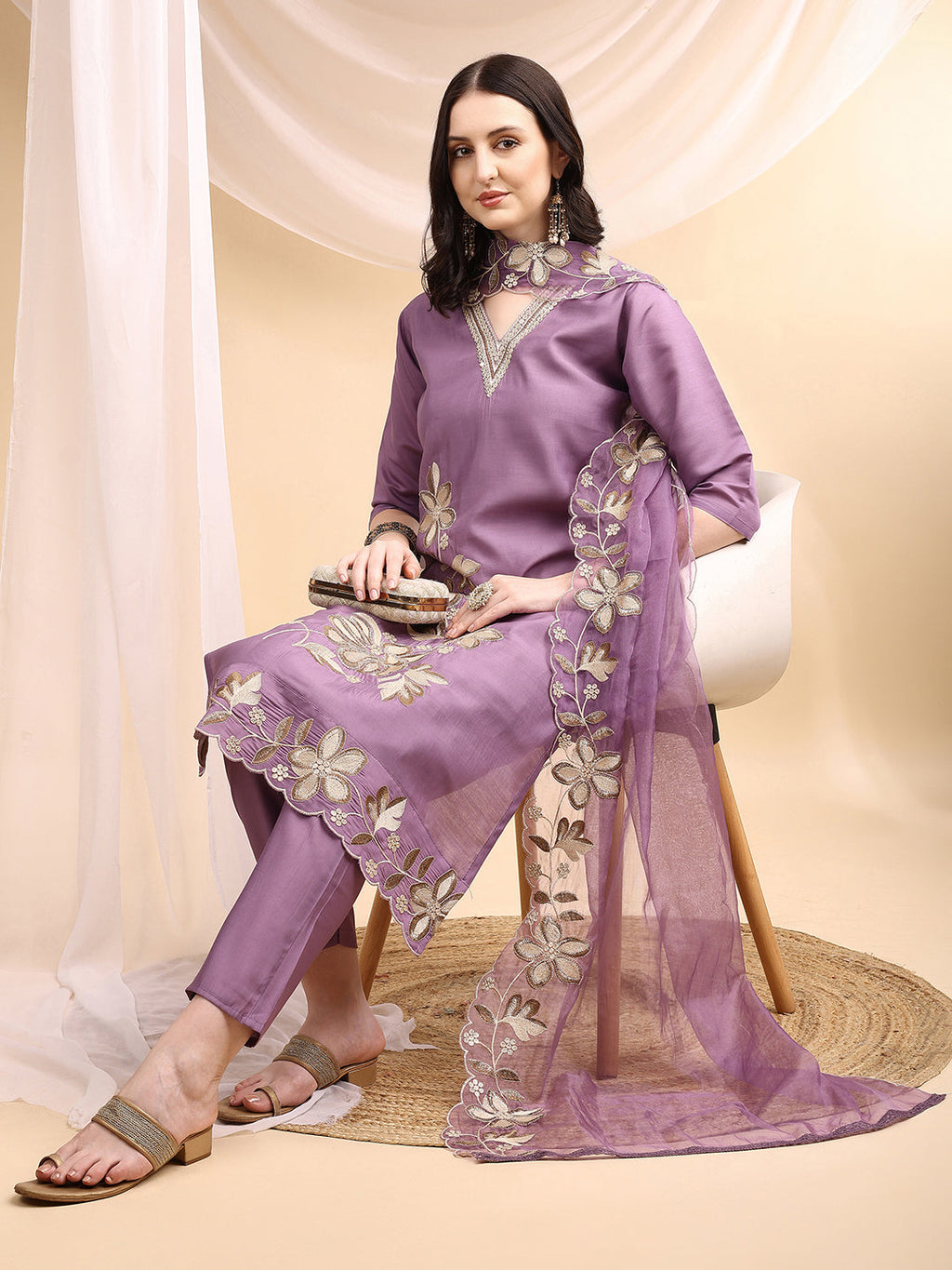 Hand & Thread Placement Embroidered Kurta With Pant & Embroidered Dupatta, Lavender - Hiral Fashion | Grocsy