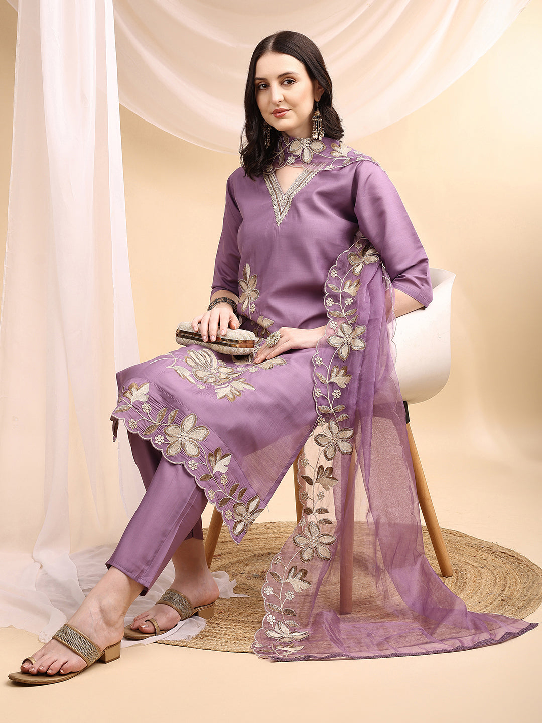 Hand & Thread Placement Embroidered Kurta With Pant & Embroidered Dupatta, Lavender - Hiral Fashion | Grocsy