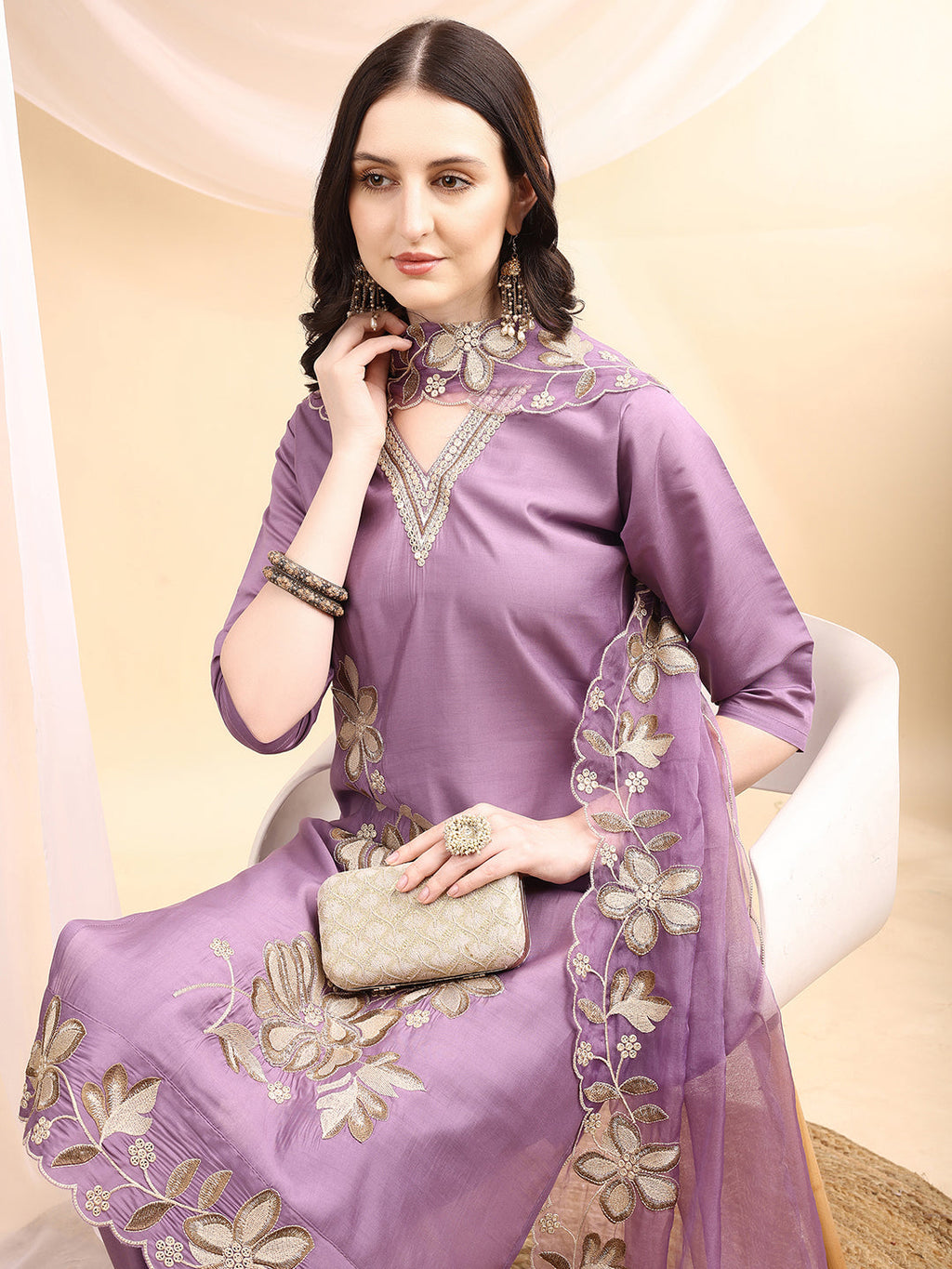 Hand & Thread Placement Embroidered Kurta With Pant & Embroidered Dupatta, Lavender - Hiral Fashion | Grocsy