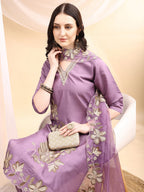 Hand & Thread Placement Embroidered Kurta With Pant & Embroidered Dupatta, Lavender - Hiral Fashion | Grocsy