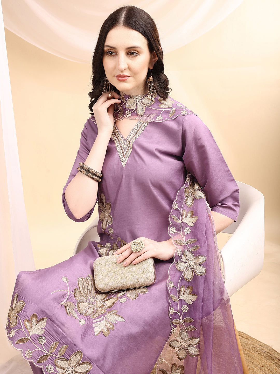 Hand & Thread Placement Embroidered Kurta With Pant & Embroidered Dupatta, Lavender - Hiral Fashion | Grocsy