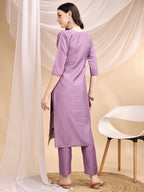 Hand & Thread Placement Embroidered Kurta With Pant & Embroidered Dupatta, Lavender - Hiral Fashion | Grocsy