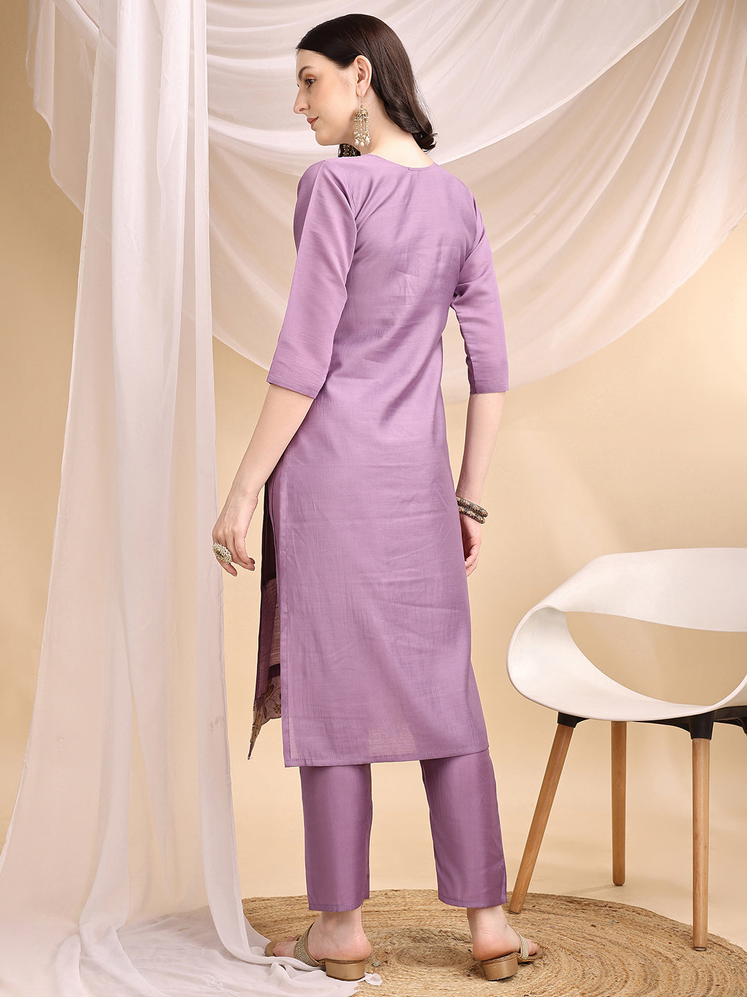 Hand & Thread Placement Embroidered Kurta With Pant & Embroidered Dupatta, Lavender - Hiral Fashion | Grocsy