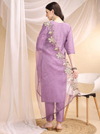 Hand & Thread Placement Embroidered Kurta With Pant & Embroidered Dupatta, Lavender - Hiral Fashion | Grocsy
