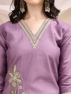Hand & Thread Placement Embroidered Kurta With Pant & Embroidered Dupatta, Lavender - Hiral Fashion | Grocsy