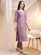 Hand & Thread Placement Embroidered Kurta With Pant & Embroidered Dupatta, Lavender - Hiral Fashion | Grocsy