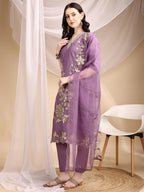 Hand & Thread Placement Embroidered Kurta With Pant & Embroidered Dupatta, Lavender - Hiral Fashion | Grocsy