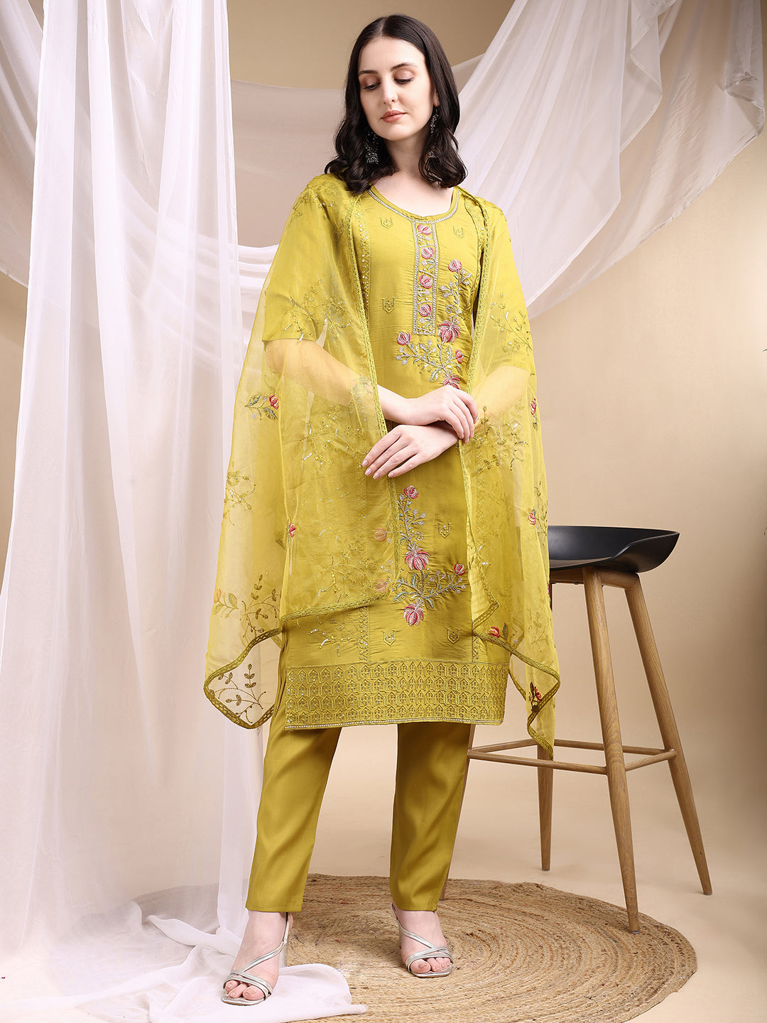 Hand Embroidered Kurta With Pant & Embroidered Dupatta, Mustard - Hiral Fashion | Grocsy
