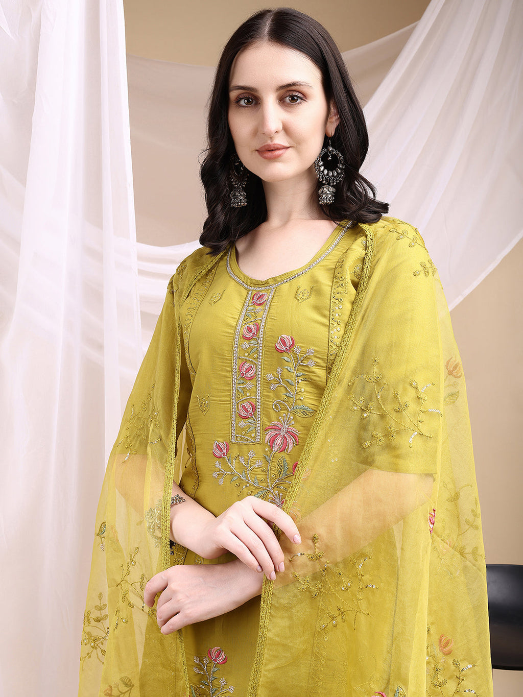 Hand Embroidered Kurta With Pant & Embroidered Dupatta, Mustard - Hiral Fashion | Grocsy