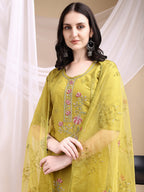 Hand Embroidered Kurta With Pant & Embroidered Dupatta, Mustard - Hiral Fashion | Grocsy