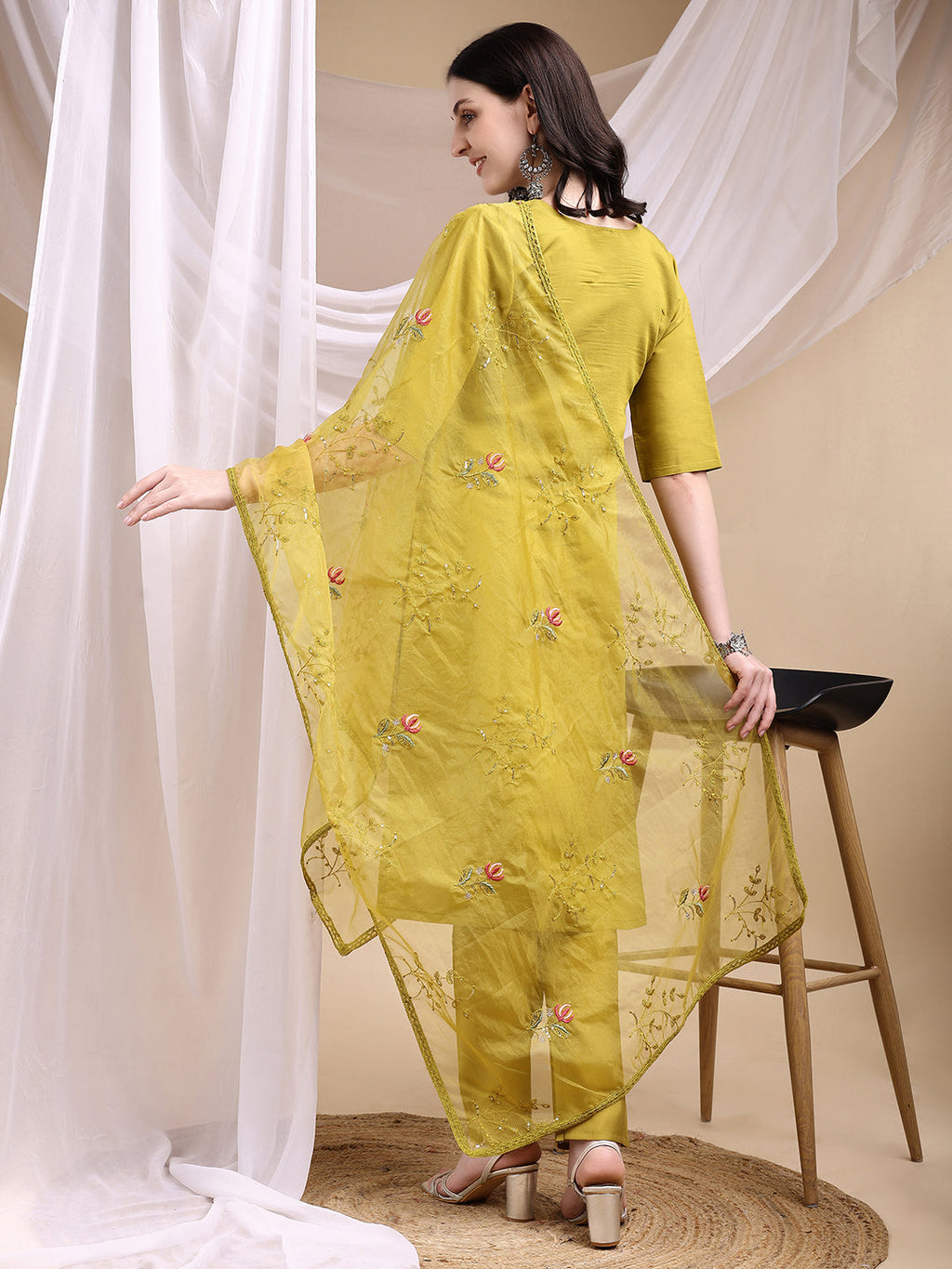 Hand Embroidered Kurta With Pant & Embroidered Dupatta, Mustard - Hiral Fashion | Grocsy
