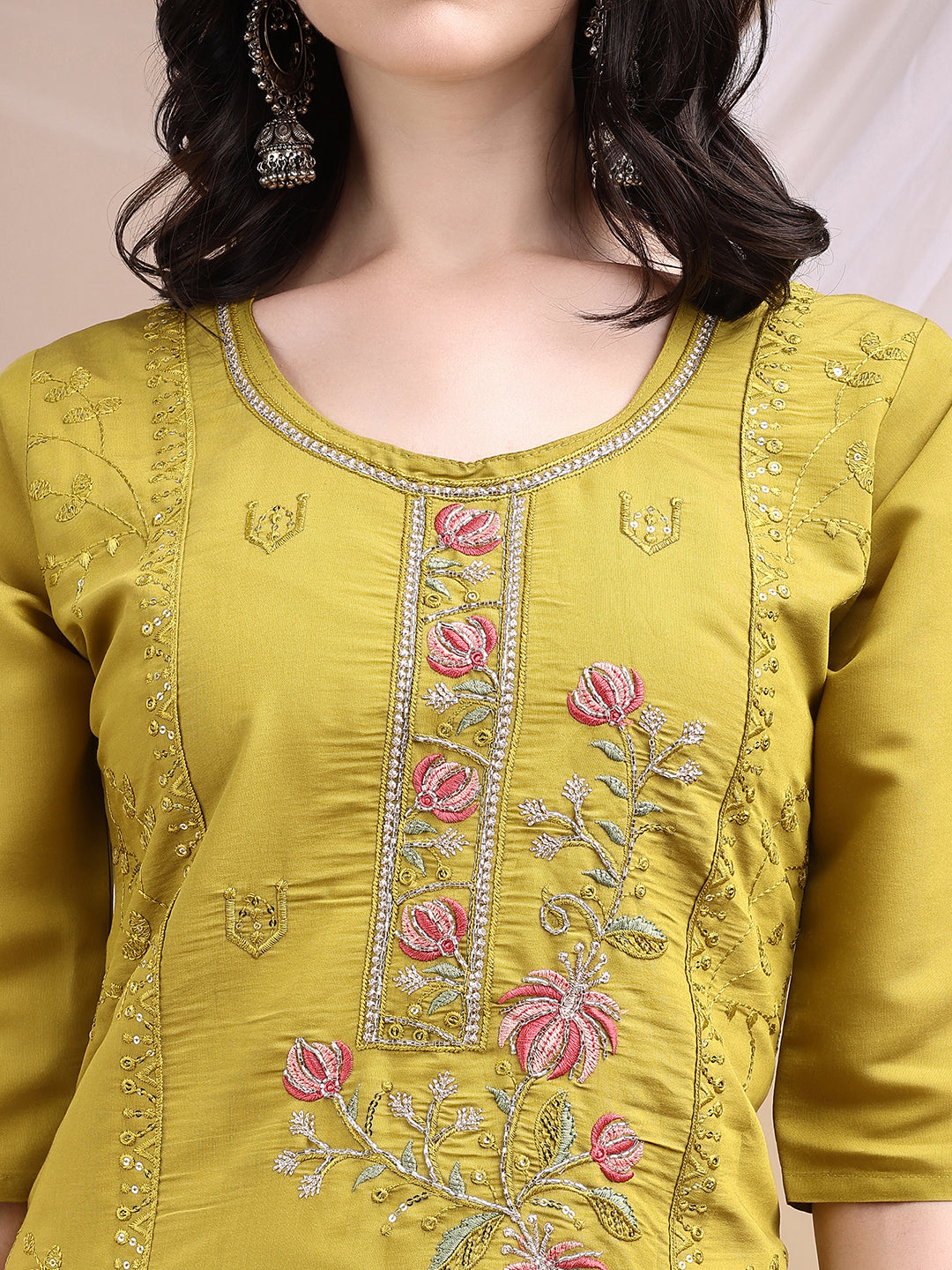 Hand Embroidered Kurta With Pant & Embroidered Dupatta, Mustard - Hiral Fashion | Grocsy