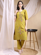 Hand Embroidered Kurta With Pant & Embroidered Dupatta, Mustard - Hiral Fashion | Grocsy