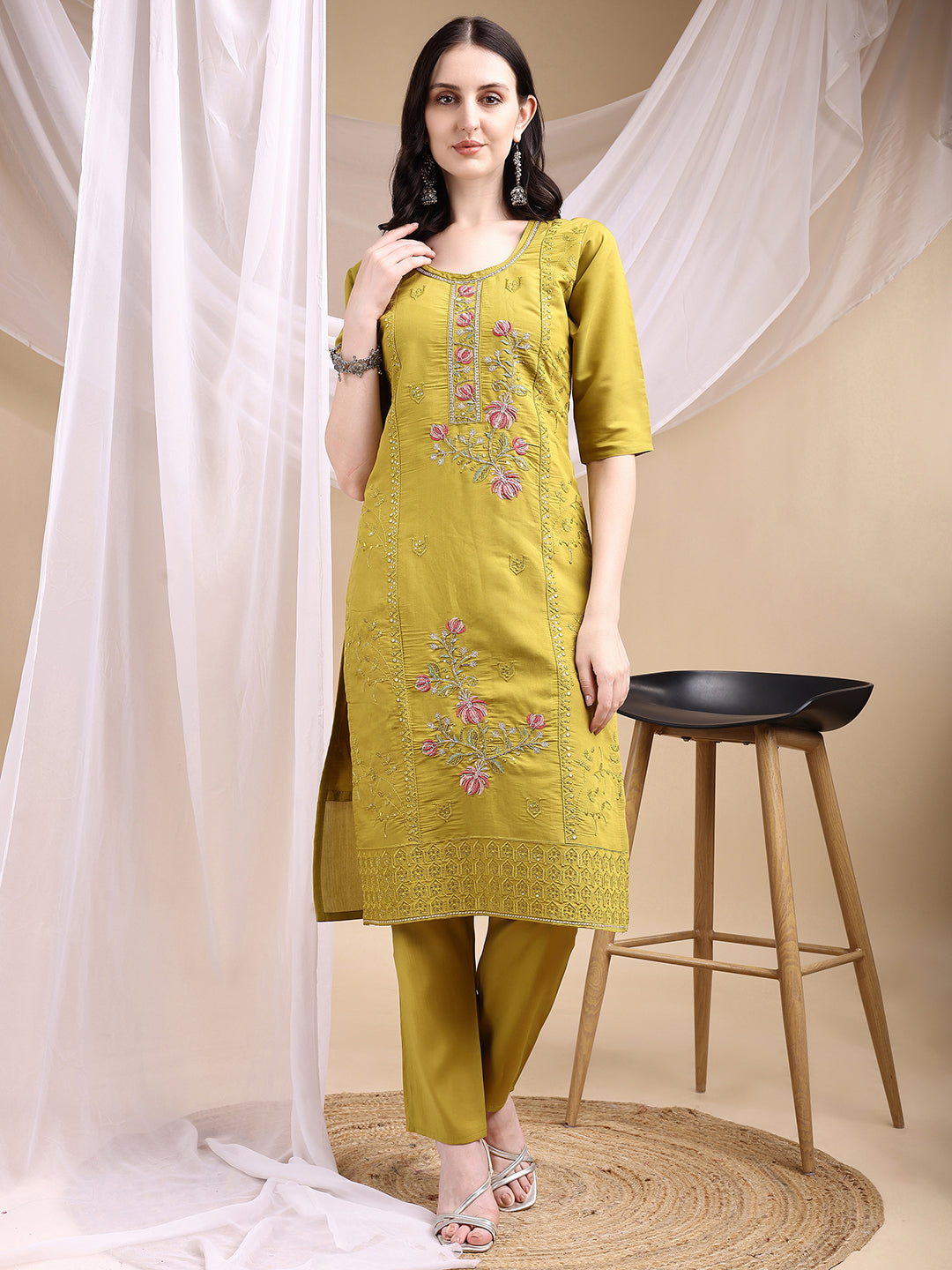 Hand Embroidered Kurta With Pant & Embroidered Dupatta, Mustard - Hiral Fashion | Grocsy