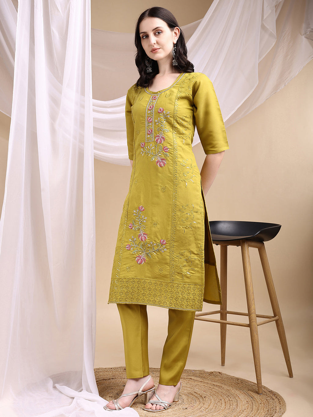 Hand Embroidered Kurta With Pant & Embroidered Dupatta, Mustard - Hiral Fashion | Grocsy