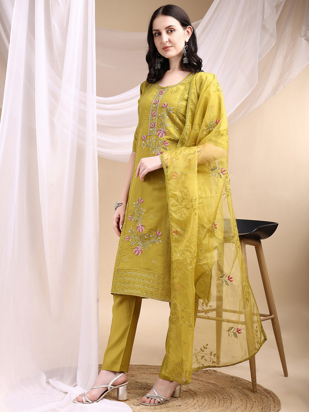 Hand Embroidered Kurta With Pant & Embroidered Dupatta, Mustard - Hiral Fashion | Grocsy