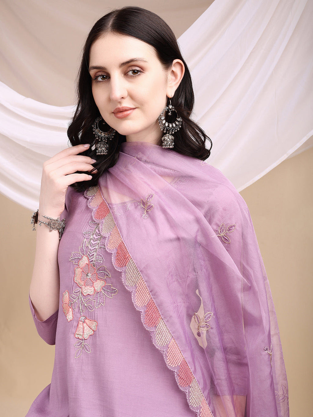 Hand Embroidered Kurta With Pant & Embroidered Dupatta, Lavender - Hiral Fashion | Grocsy