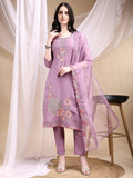 Hand Embroidered Kurta With Pant & Embroidered Dupatta, Lavender - Hiral Fashion | Grocsy