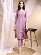 Hand Embroidered Kurta With Pant & Embroidered Dupatta, Lavender - Hiral Fashion | Grocsy
